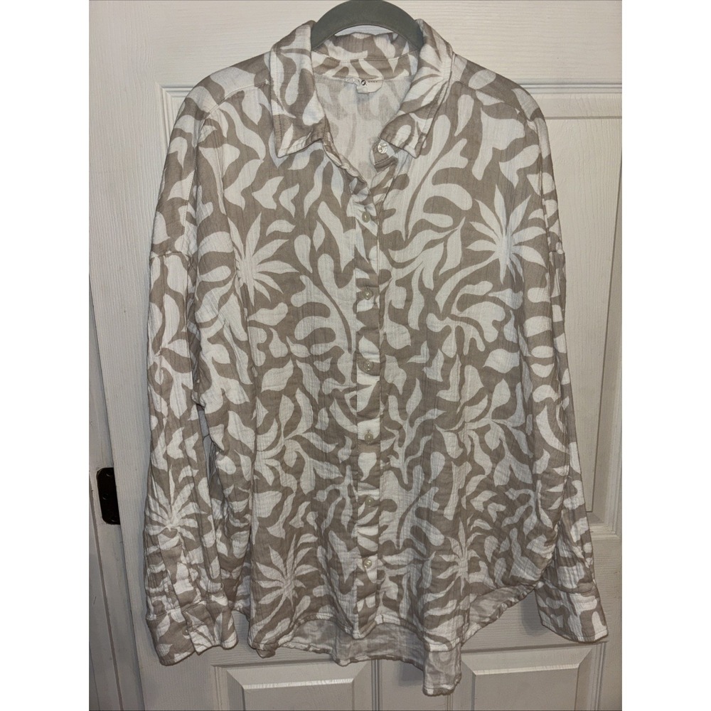 Lou & Grey XL Double Gauze Cotton Button Down Shirt Khaki White Floral Tunic